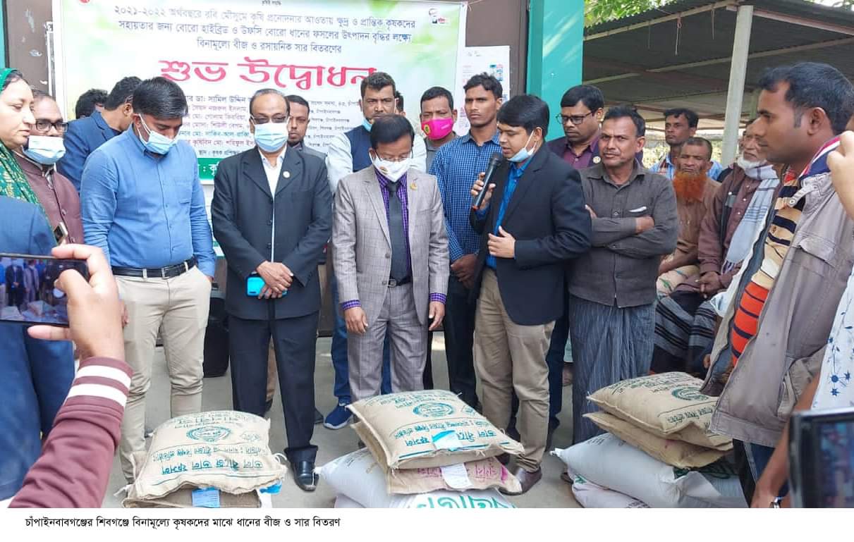 শিবগঞ্জে বিনামূল্যে কৃষকদের মাঝে ধানের বীজ ও সার বিতরণ